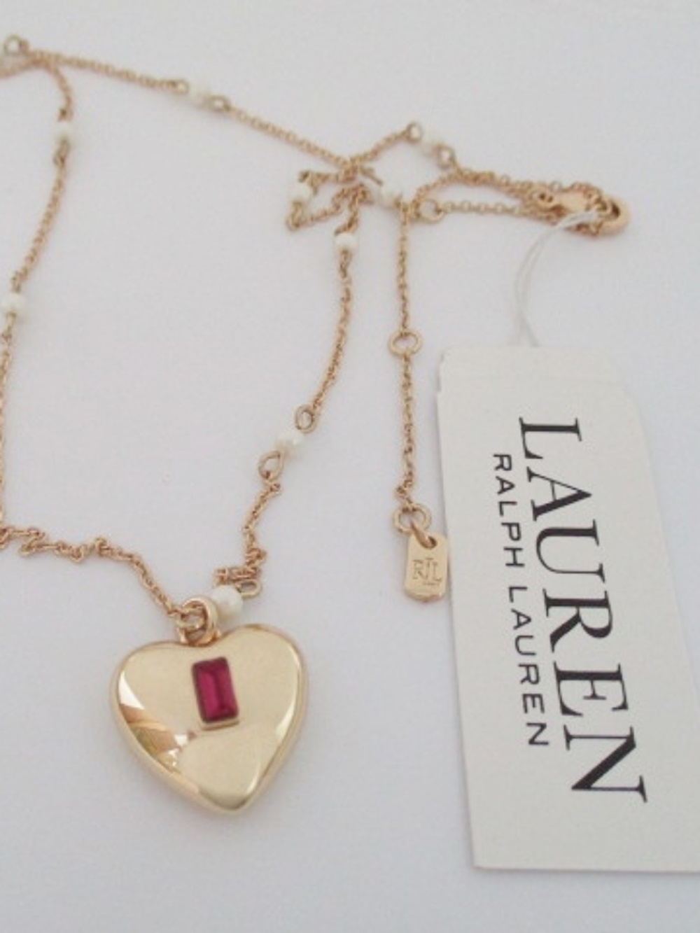 RALPH LAUREN - Gold-Tone Baguette Stone Heart Imitation Pearl Beaded Necklace